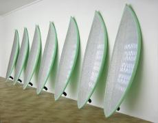 OPAR 7, 2007 INSTALLATION WITH SURFBOARD MODELS BIG-WAVE GUN, RESIN, POLYURETHANE FOAM, PAINT, FABRIC 264 X 500 X 20 CM